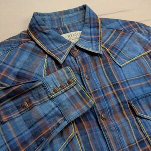 Ryan Michael Western Flannel Shirt Mens XL Metal Snap Buttons Blue Indigo Plaid